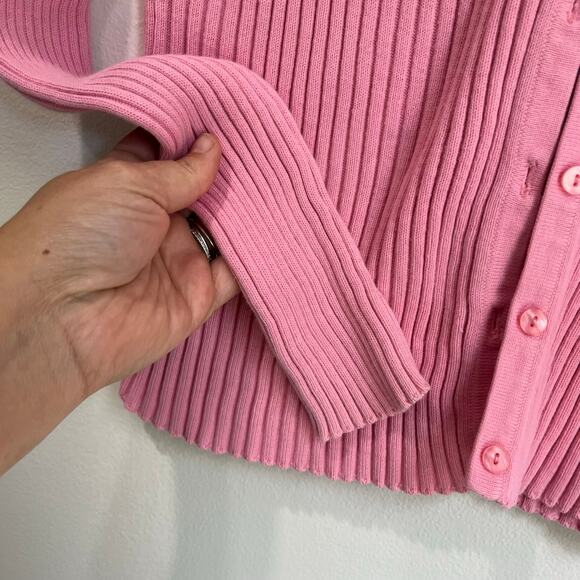 Vintage 90s Y2K Express Ribbed Long Sleeve Pink Cardigan Sweater Sz L - Picture 6 of 8
